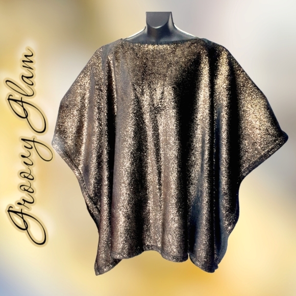 GROOVY GLAM Handmade Formal Metallic Gold Glitter on Black Plush Poncho